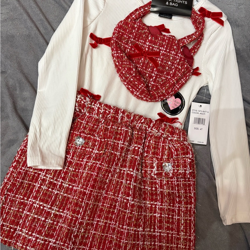 Red and White Tweed Skirt Set